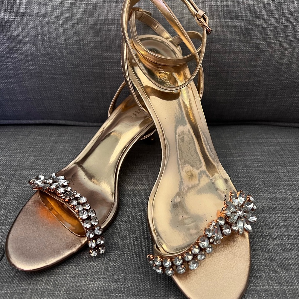 Elegant Rose Gold Strappy Sandals with Crystal Embellishments